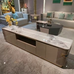 Contemporary TV Stand with Marble Top, Fluted Panels and Brushed Gold Accent Handles